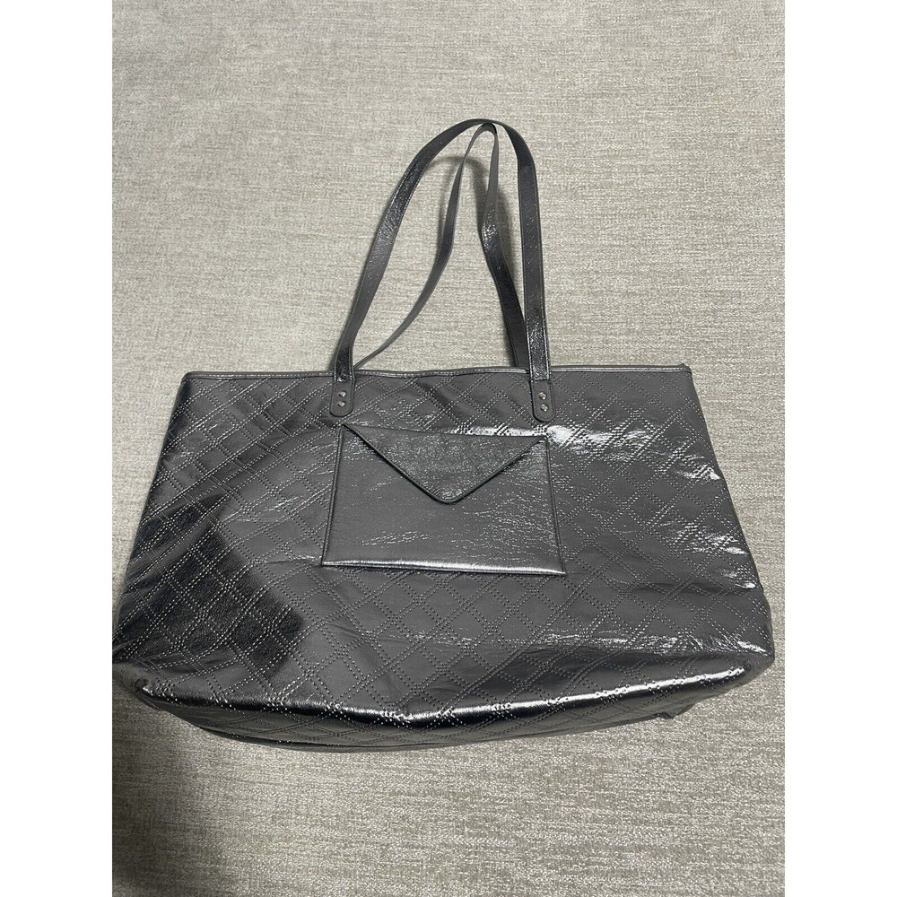 Bath & Body Works Purse Tote Metallic Silver With Gray Lining, Front Snap Pouch